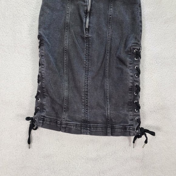 Free People Charcoal Black Denim Stretch Lace Up Slim Grunge Slim Pencil Skirt - Picture 11 of 15